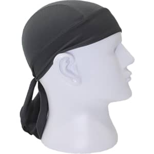 A grey cycling bandana hat displayed on a mannequin head, featuring a breathable material and a trailing tail.