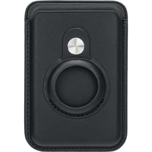 A black PU magnetic card and AirTag holder featuring a circular slot and a metal snap button.