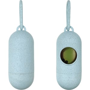 A light blue, eco-friendly pill-shaped pet waste bag dispenser with a viewing window and a hanging loop.