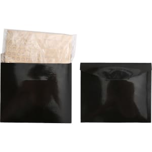 Two black glossy envelopes, one containing a clear plastic pouch holding items, and the other is empty.