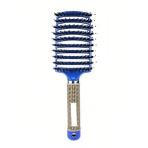 A blue detangler bristle hairbrush with a textured handle and multiple rows of bristles. It features a logo on the handle.