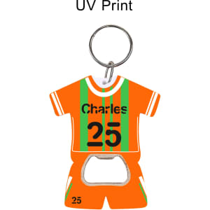A drink bottle opener keyring shaped like an orange sports jersey, featuring a logo and number design.
