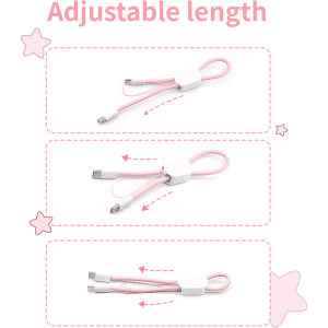A pink adjustable phone charging strap with a white connector. The strap showcases three different length settings.