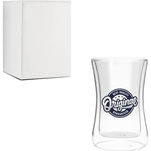 A drink bottle with a curved design, clear glass construction, and a logo; displayed with a plain white box.
