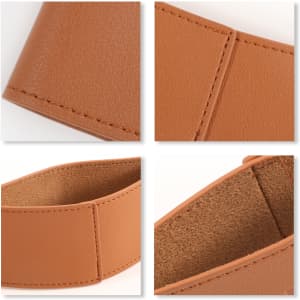 A leather cup sleeve in a warm tan colour, showing multiple angles and textural details. It features a logo.