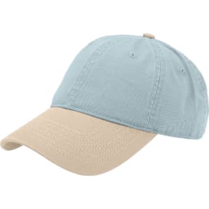 A solid colour cap in light blue with a beige brim, featuring a logo on the front.