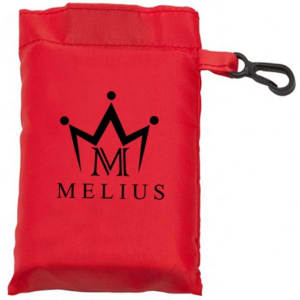 A red foldaway shopping bag with a clip and a logo of a crown and text on the front.