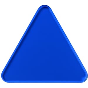 A triangular blue acrylic coaster with smooth edges and a glossy finish, featuring a logo.
