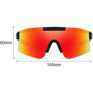 A pair of frameless sports sunglasses with a reflective orange lens and black accents, displayed with dimensions.