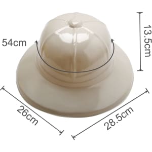 A PVC safari hat in a cream colour with dimensions shown: 54 cm circumference, 13.5 cm height, 26 cm width, 28.5 cm length.