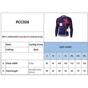 A men's long sleeve cycling jersey in blue and red with a logo, featuring sizing information and a style chart.