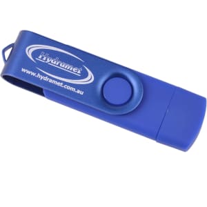 A blue Double-end Belton Type C Flash Drive with a logo, featuring a swivel design for convenient use.