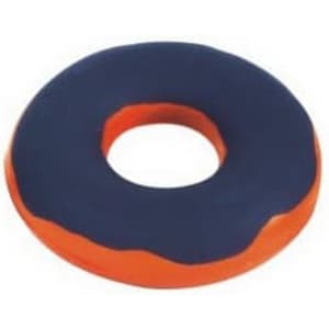 A donut-shaped stress reliever in navy blue and orange, featuring a smooth surface and a central hole.