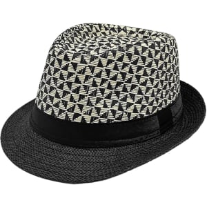 A straw woven top hat in black and white patterns with a black band around the base. Includes a logo.