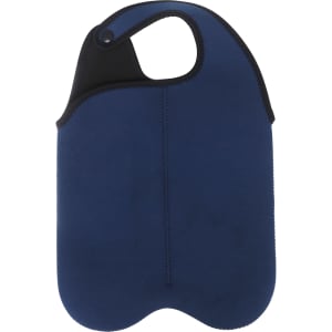 A drink bottle cooler in navy blue with a snap handle and a black accent. Features a smooth, flexible material.