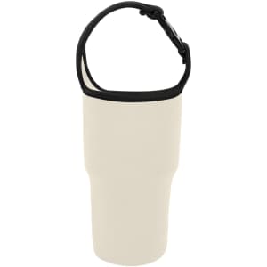 A drink bottle holder pouch in cream with a black strap, featuring a logo on the front.