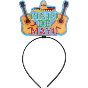 A festive headband featuring a colourful "Cinco de Mayo" design with guitars and a sombrero on top.