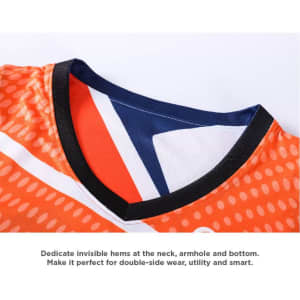 A reversible basketball singlet with a vibrant orange design, featuring a V-neck and multi-colour accents.