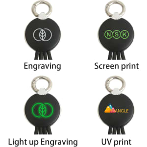 A round-shaped, black multi-charging cable featuring various lighting and engraving options. Includes a silver attachment.