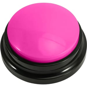 A pink voice recording button with a glossy finish, featuring a black base. The button is round and smooth.