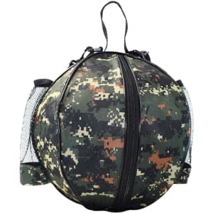 A round camouflage backpack with camouflage pattern, featuring mesh side pockets and a top handle.