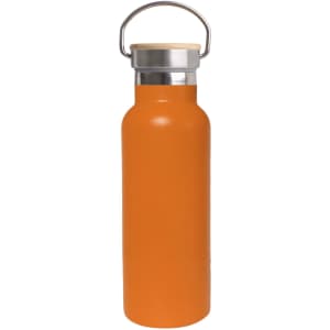 A drink bottle in vibrant orange with a bamboo lid and metal carry handle. It has a logo on the side.