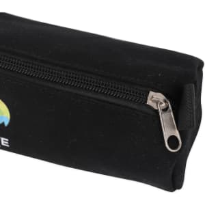 A black canvas pencil case with a zip closure and a logo on one side.