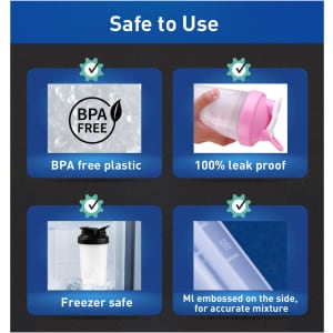 A drink bottle made of BPA-free plastic, featuring a pink lid and a logo, designed for protein shakes.