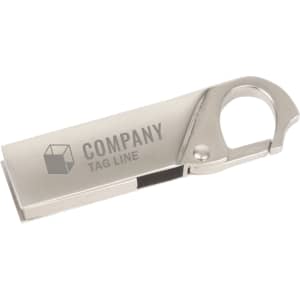 A silver clip lock flash drive with a sleek design and a round attachment loop. It features a logo on its surface.