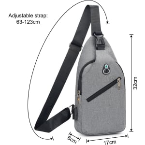 A grey sling chest bag with an adjustable strap, featuring a zip pocket and a logo. Dimensions included.