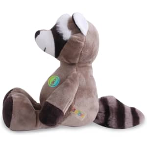 A plush raccoon toy in brown and grey, featuring a striped tail and a small logo on its side.