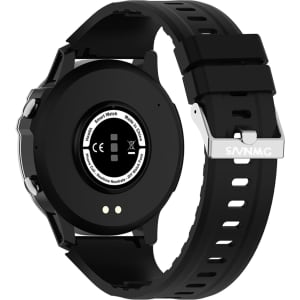 A black round smartwatch with a sleek design and a silicone strap, featuring a brand logo.