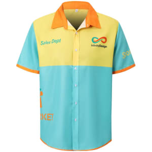 A brightly coloured button-up shirt featuring yellow and turquoise panels, with a logo and text on the front.