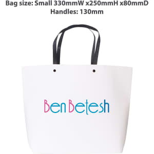 A small white boutique paper bag with black handles and a logo in colourful text. Dimensions are 330mm x 250mm x 80mm.