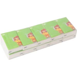 A stack of rectangular pocket tissues in green packaging featuring a cartoon character. Each box is visible.