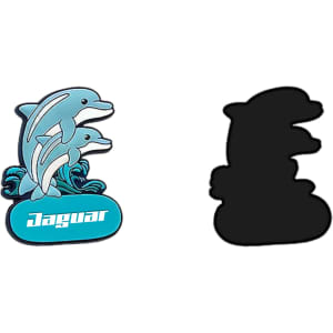 A colourful PVC fridge magnet featuring two dolphins above a blue base with a logo.