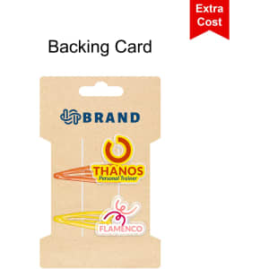 A backing card with two colourful hair clips in yellow and orange, featuring logos.