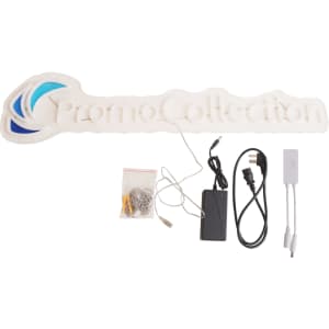 A UV Colour Printing Neon LED sign in white with blue elements, accompanied by a power adapter and connection cables.