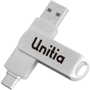 A silver double-end swivel Type C flash drive with one USB and one Type C connector, featuring a logo.