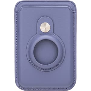 A purple PU magnetic card and Airtag holder with a circular slot and a metal button. It features stitched edges and a sleek design.