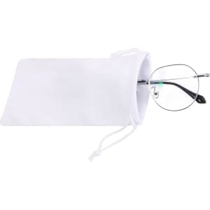 A white RPET lens pouch containing a pair of glasses, featuring a drawstring closure and simple design.