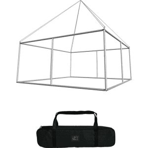 A square hanging banner frame in silver, accompanied by a black carrying bag.