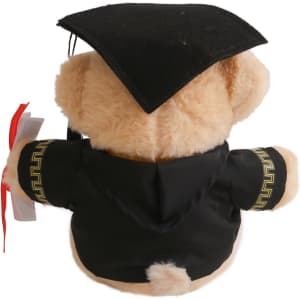 A plush toy bear wearing a black graduation gown and cap, with a red ribbon attached.