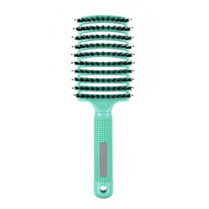 A detangler bristle hairbrush in mint green with a textured handle and a logo on the side.