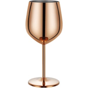 A stainless steel wine goblet in rose gold with a sleek, reflective finish and a sturdy base.