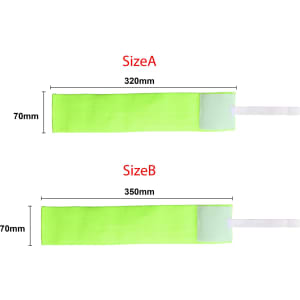 Two stretchy armbands in bright green, displaying two sizes with dimensions specified. Each has a fastening strap.