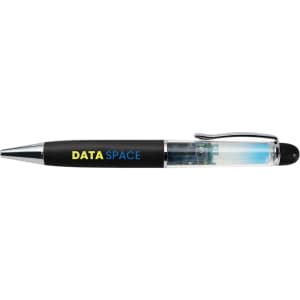 A floating pen featuring a black barrel and clear body, with a logo visible on the side.