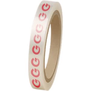 A roll of transparent BOPP packing tape featuring repeated red logos, with a cardboard core.