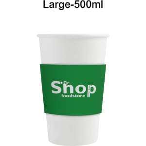 A white paper cup with a green sleeve featuring a logo, designed for hot or cold beverages.