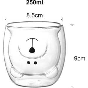 A glass with a bear design, featuring a double wall construction, transparent and measuring 250ml.